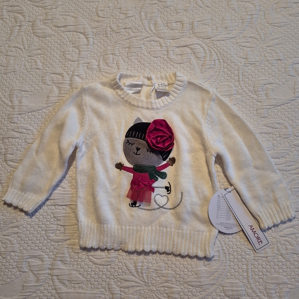 Koala Kids girls 6-9 months white sweater with skating cat applique NWT